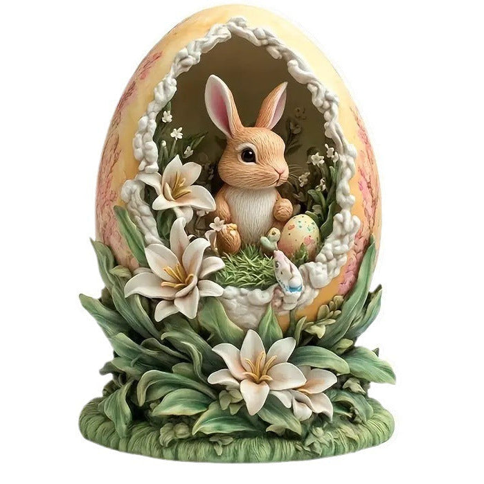Decorative figurine of a rabbit inside an egg with flowers and plants on a white background