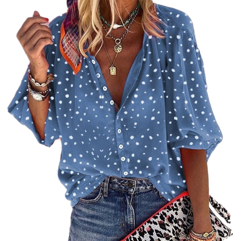 Polka Dot Relaxed Lapel Shirt | Women's 3/4 Sleeve Button-Down