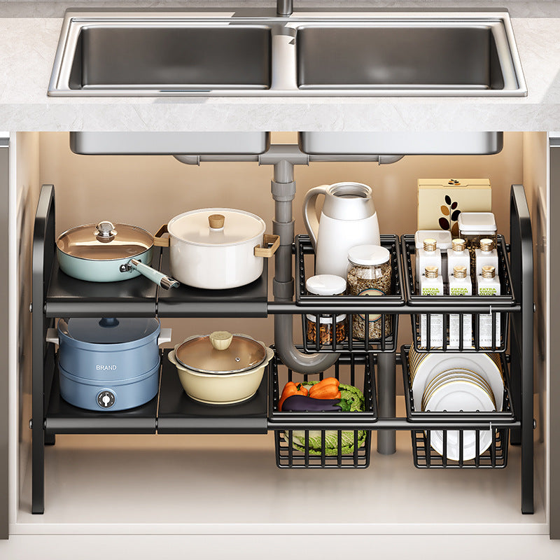 Under-sink kitchen organizer with pots, pans, and dishes in a modern kitchen setting.