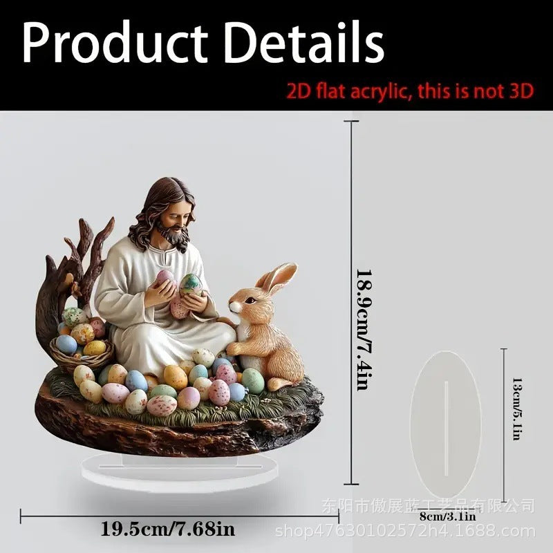 Decorative figure of a religious figure with a rabbit and Easter eggs, with measurements indicated.