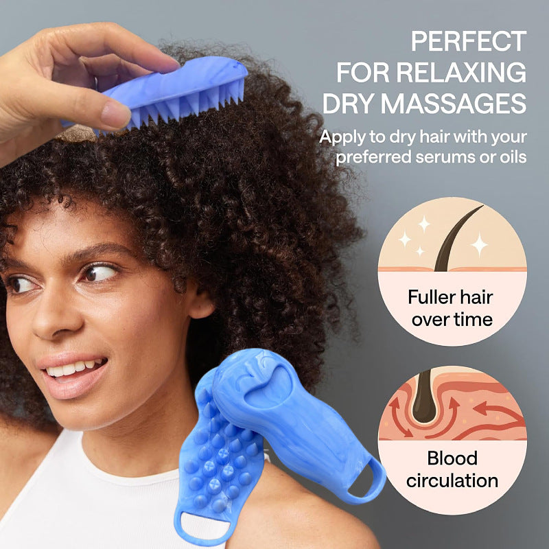Woman using a blue hair massager on her curly hair with text about hair care benefits.
