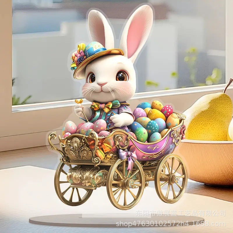 Decorative figurine of a rabbit with a cart full of Easter eggs in a home setting.