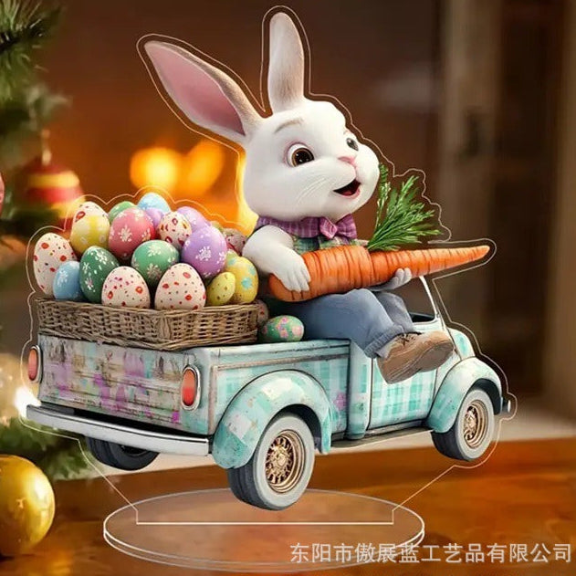 Decorative figure of a rabbit sitting on a truck with Easter eggs and a carrot, surrounded by Christmas decorations.