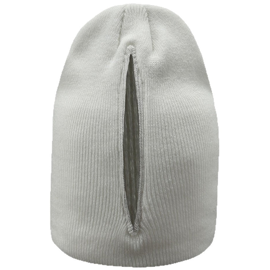 Gray knit beanie on a white background showing it's magnetic opening
