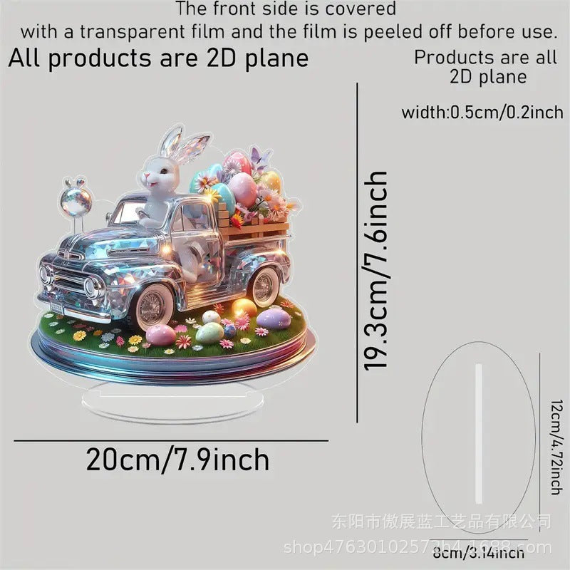 Decorative model of a truck with a rabbit and Easter eggs, featuring dimensions on a gray background.