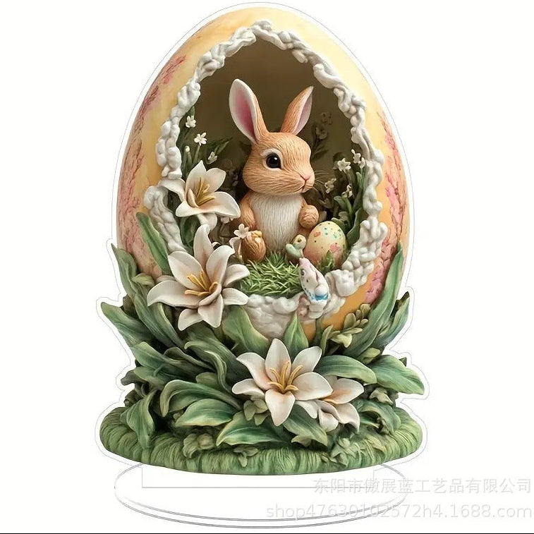 Decorative figurine of a rabbit inside an egg with flowers and plants on a white background