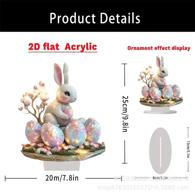 Decorative acrylic ornament with a rabbit and eggs, including dimensions and material details.