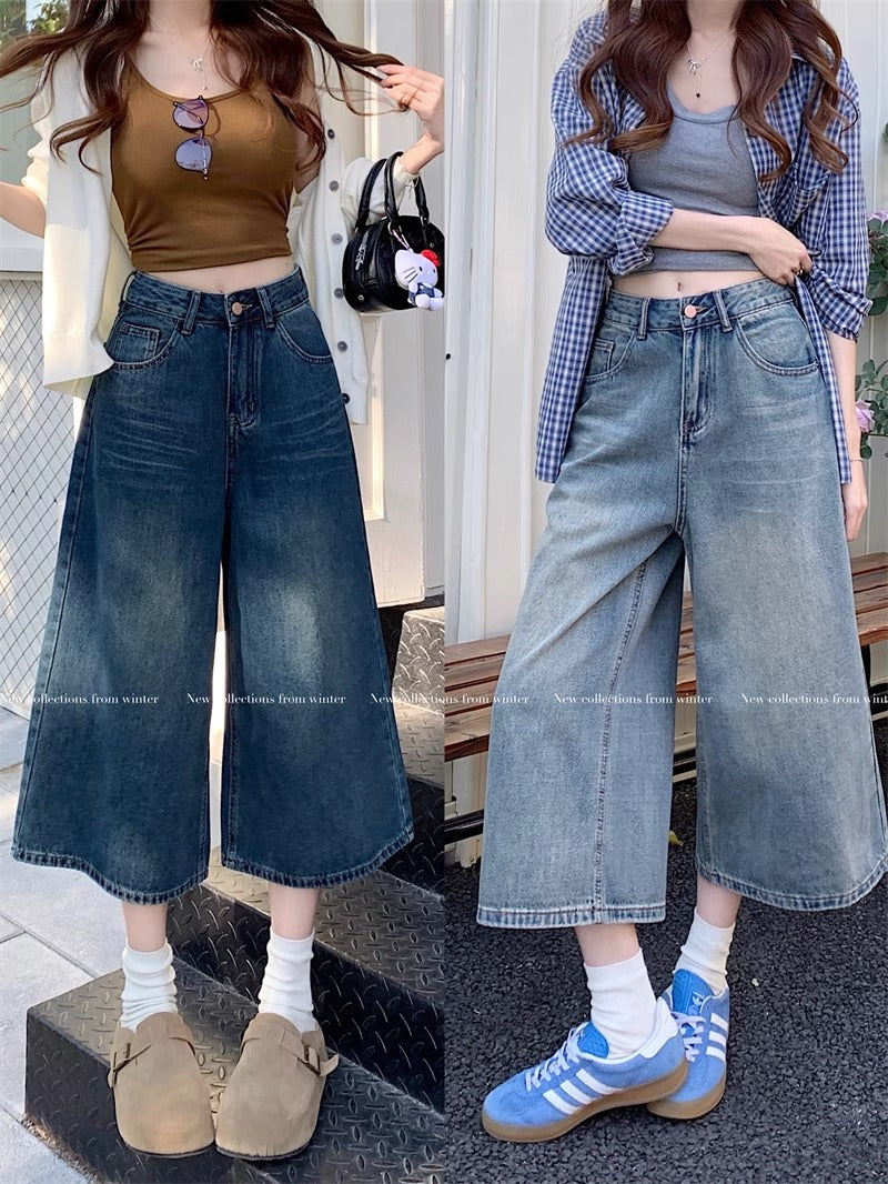 Retro Denim Wide-Leg Cropped Jeans | Women's High-Waist, Available in Plus Sizes