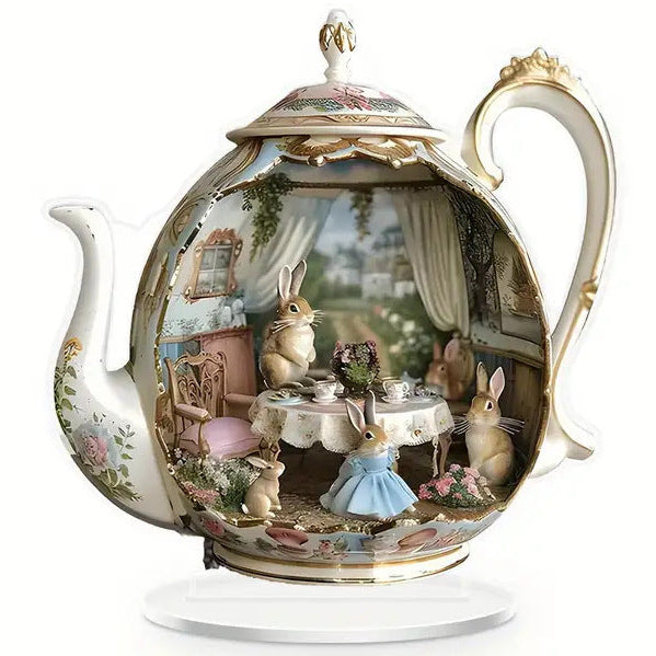 Decorative teapot with a miniature scene of bunnies in a room on a white background
