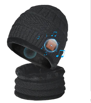 Black Bluetooth 5.0 Beanie with Headphone Speaker, Mic & Tube Scarf