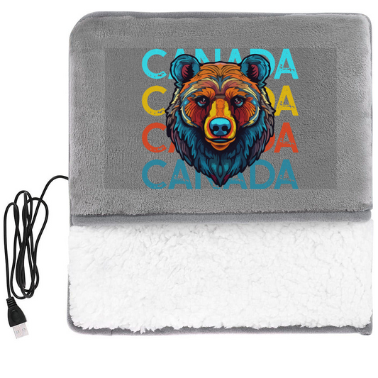 Gray heating pad with colorful design and USB cable on a white background