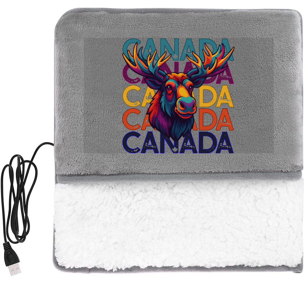 Gray heating pad with colorful 'Canada' design and USB cable on a white background