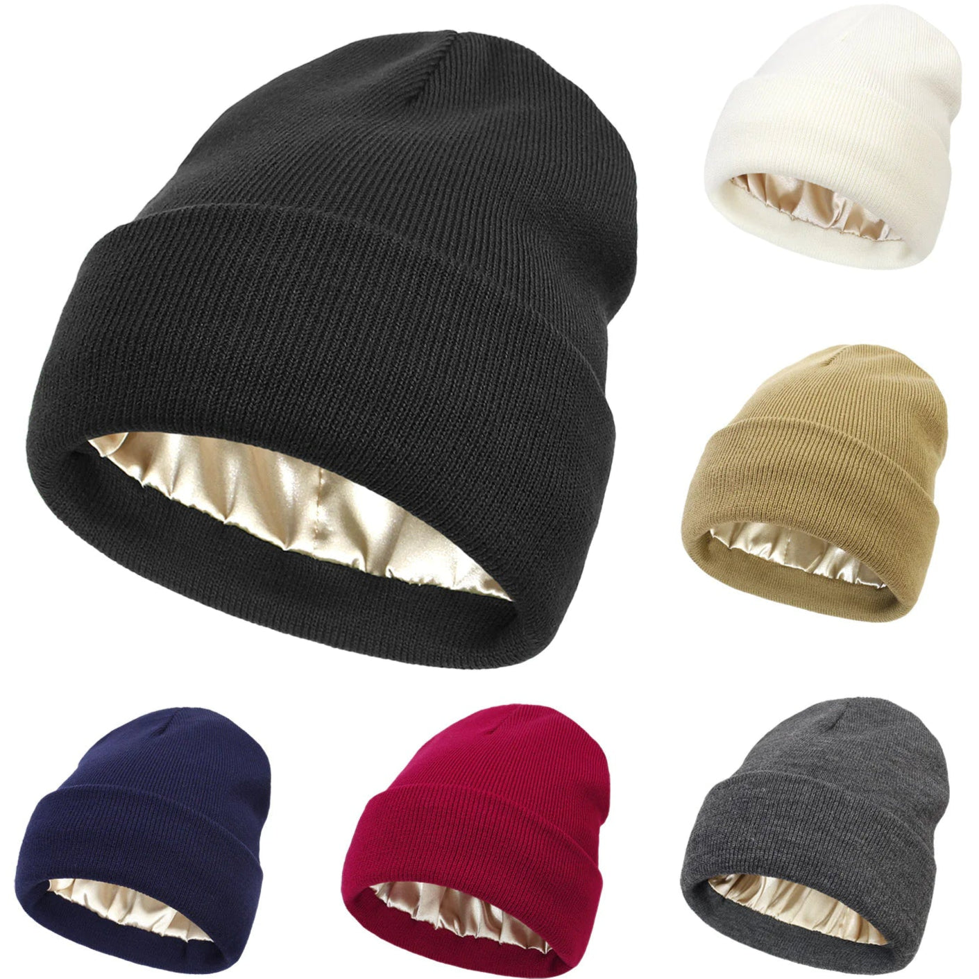 A collection of knitted toque beanies in various colors, featuring a dome cap style with satin lining at the top.