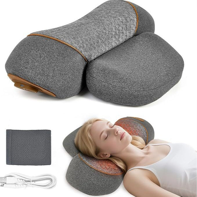 Gray massage pillow with brown accents on a white background, with a woman using it.