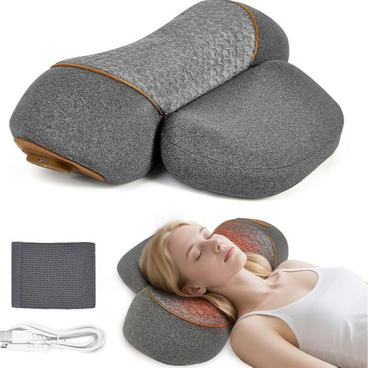 Gray massage pillow with brown accents on a white background, with a woman using it.