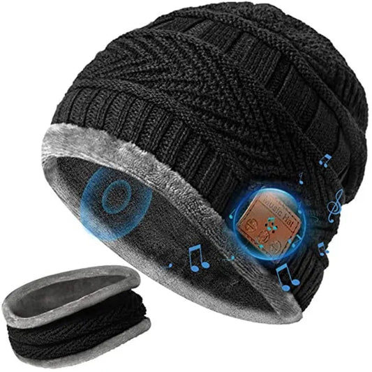 Black Bluetooth 5.0 Beanie with Headphone Speaker, Mic & Tube Scarf