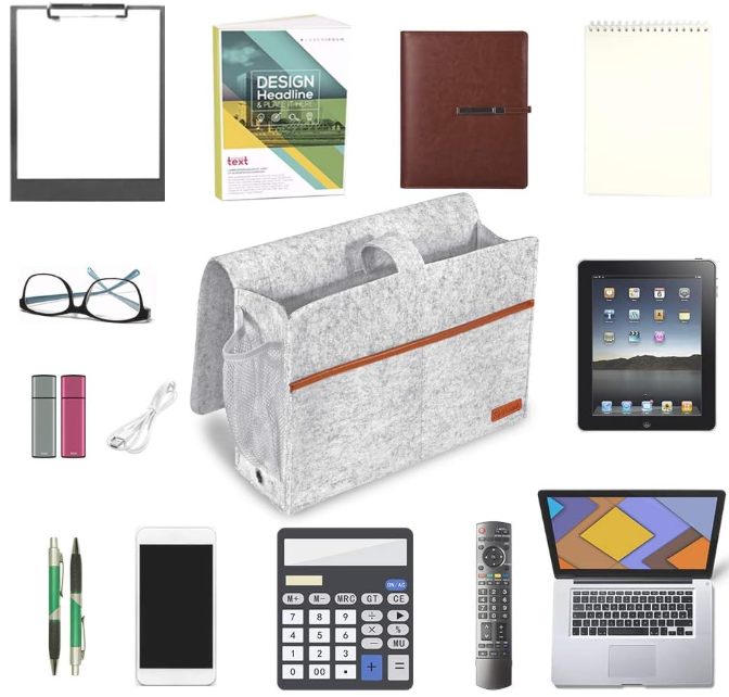 Collection of office supplies that fit in organizer: a laptop, tablet, phone, and various stationery items on a white background.