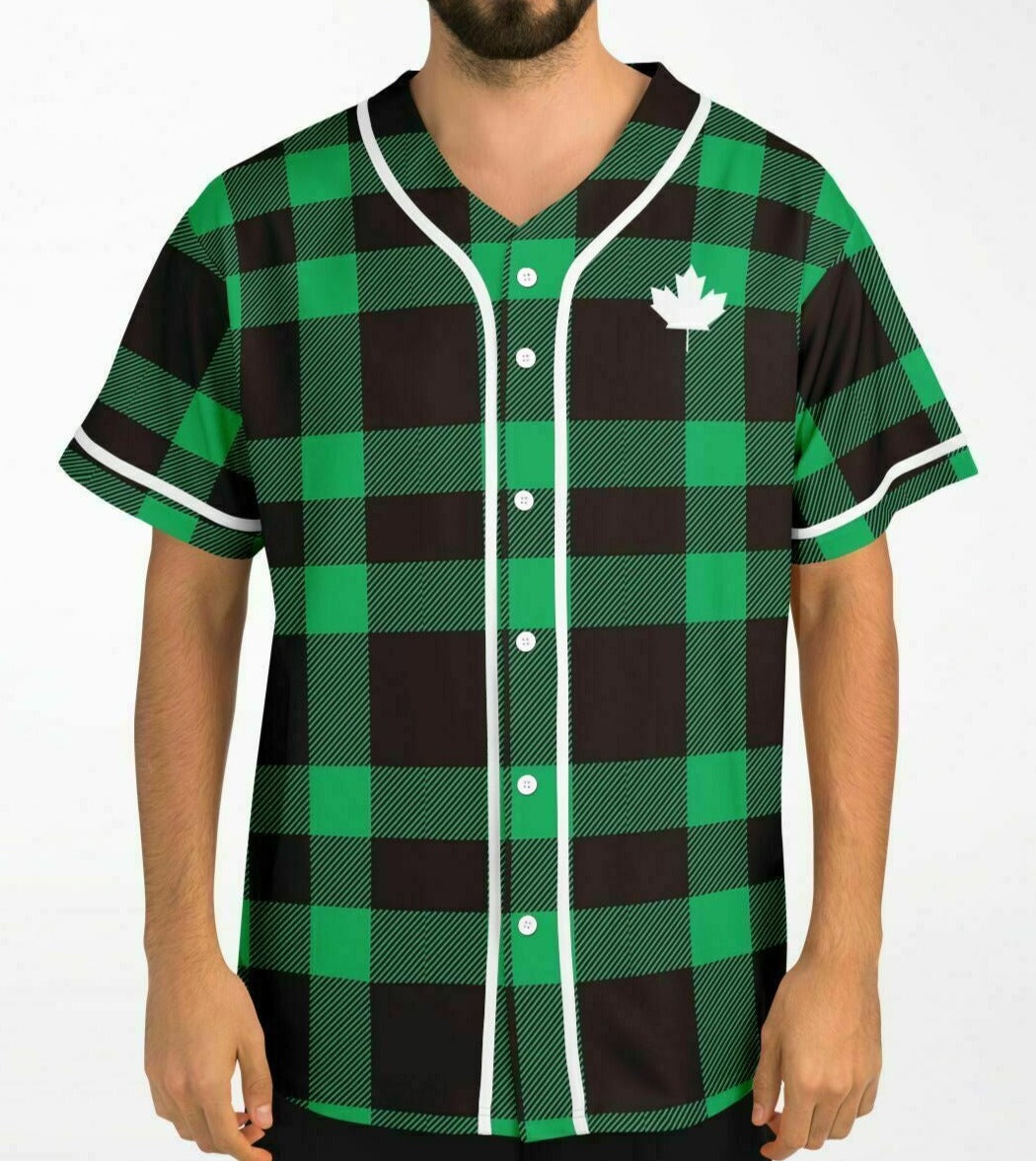 True North Strong and Free Green Plaid Baseball Jersey