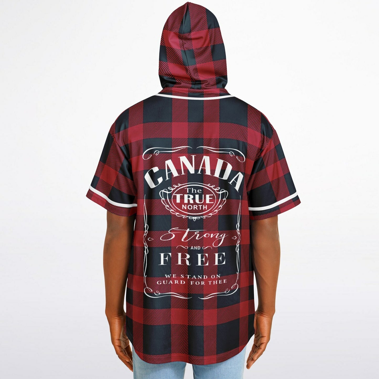 True North Strong and Free | Hooded Baseball Jersey - Red Plaid