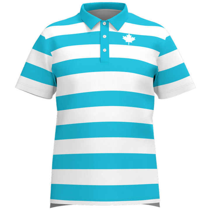Blue and white striped polo shirt with a logo on a white background
