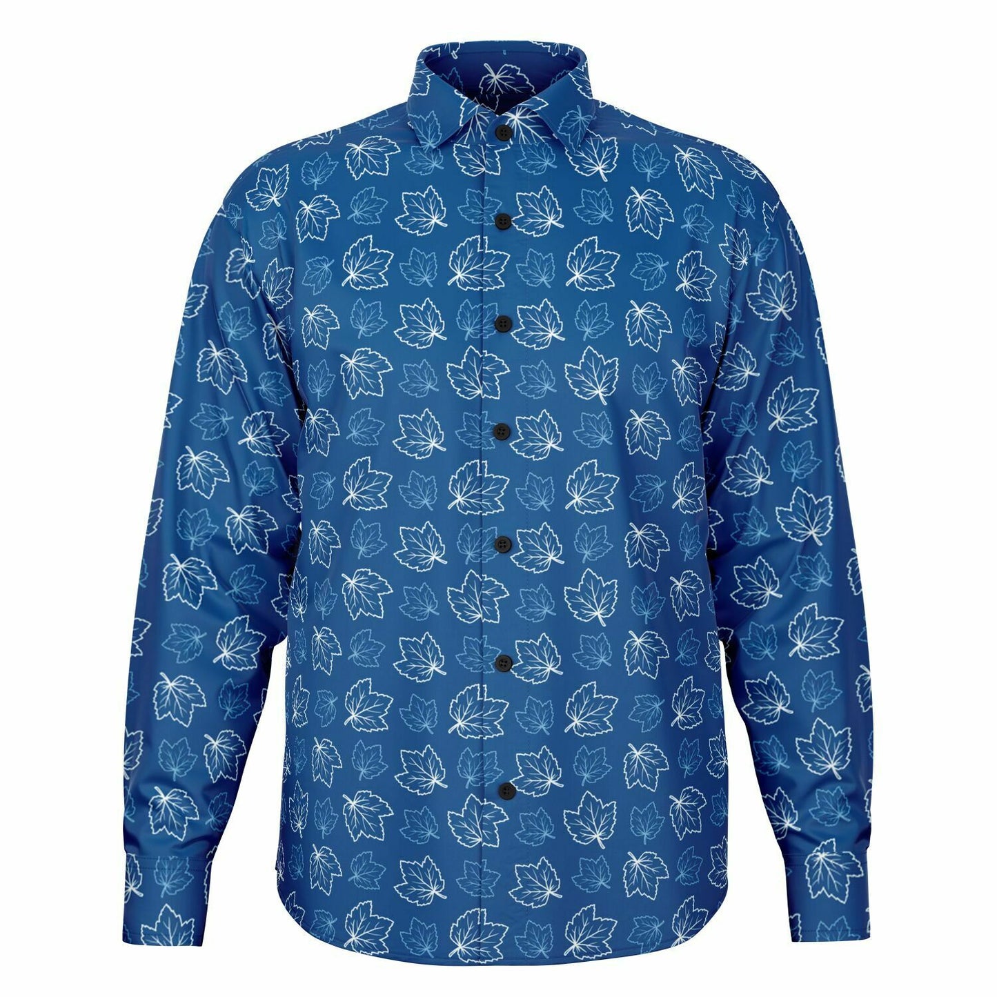 Maple Leaves Blue Long Sleeve Button Down Shirt