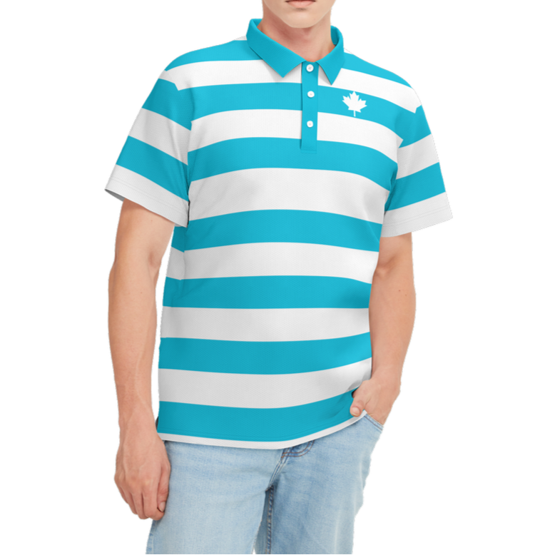 Man wearing a blue and white striped polo shirt on a white background