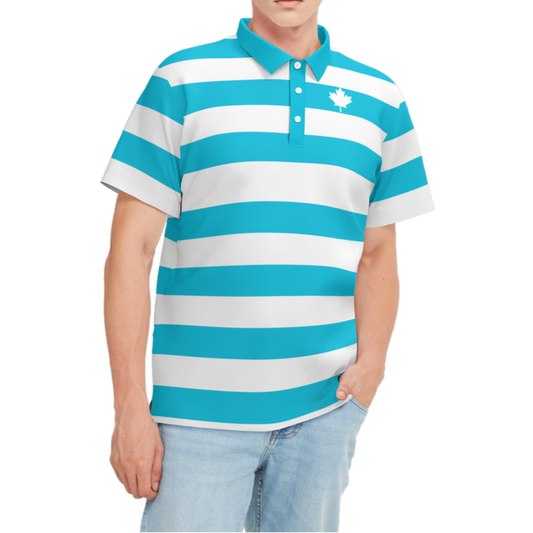 Man wearing a blue and white striped polo shirt on a white background
