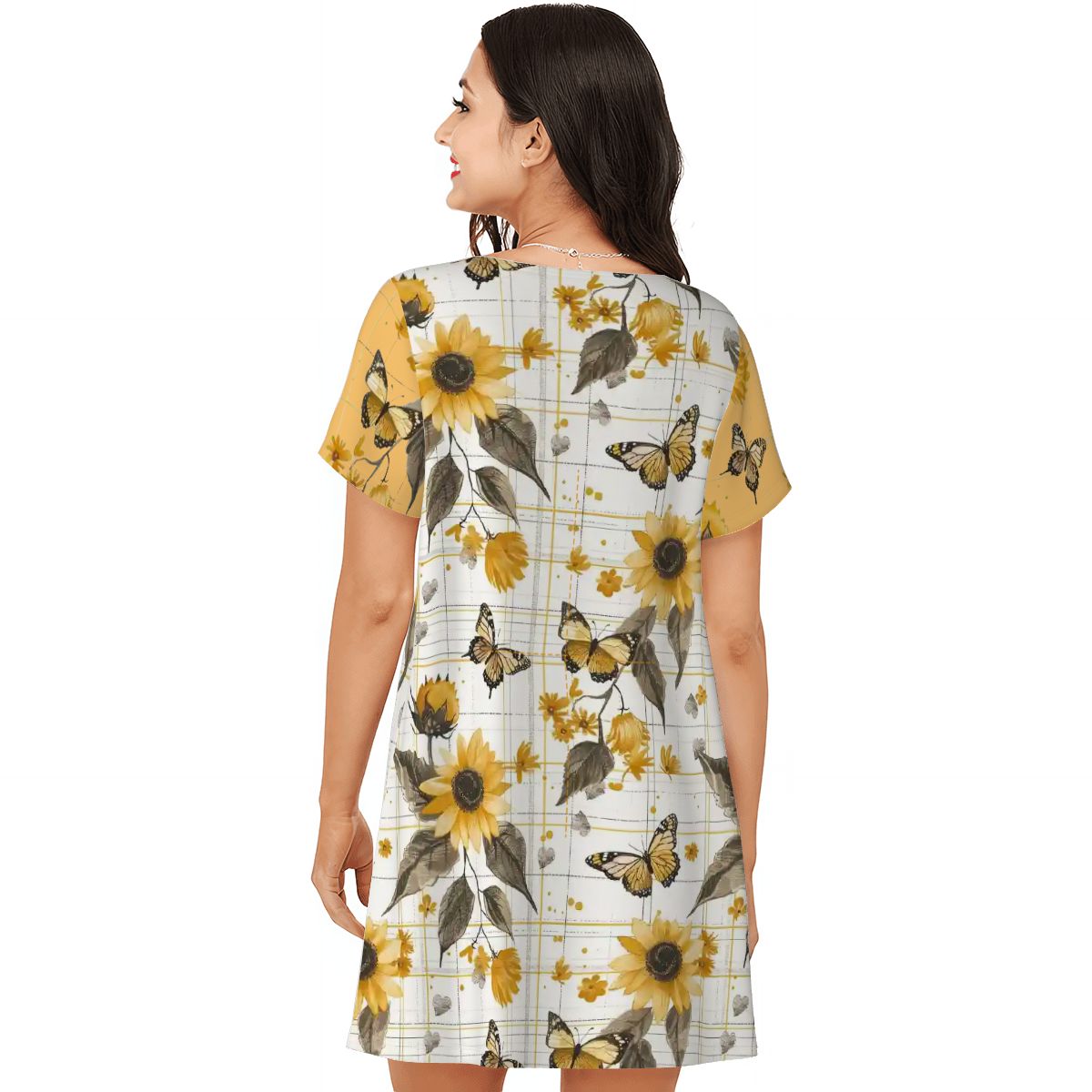 Sunflowers & Butterflies Plaid | Comfy Cotton-Feel Nightshirt Women’s Sleepwear – Soft and Easy to Wear