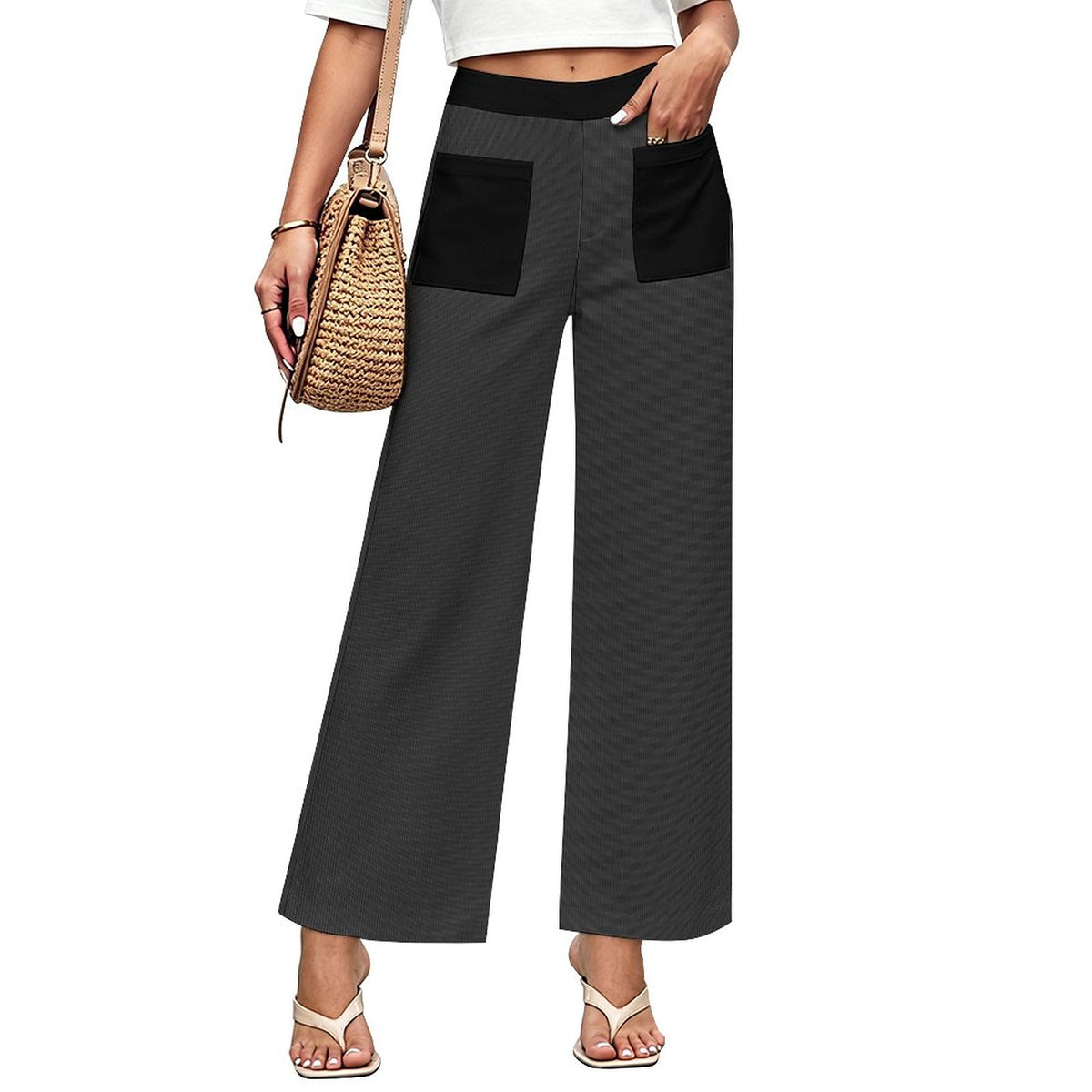 Charcoal Gray Faux Corduroy Wide-Leg Crop Pants for Women