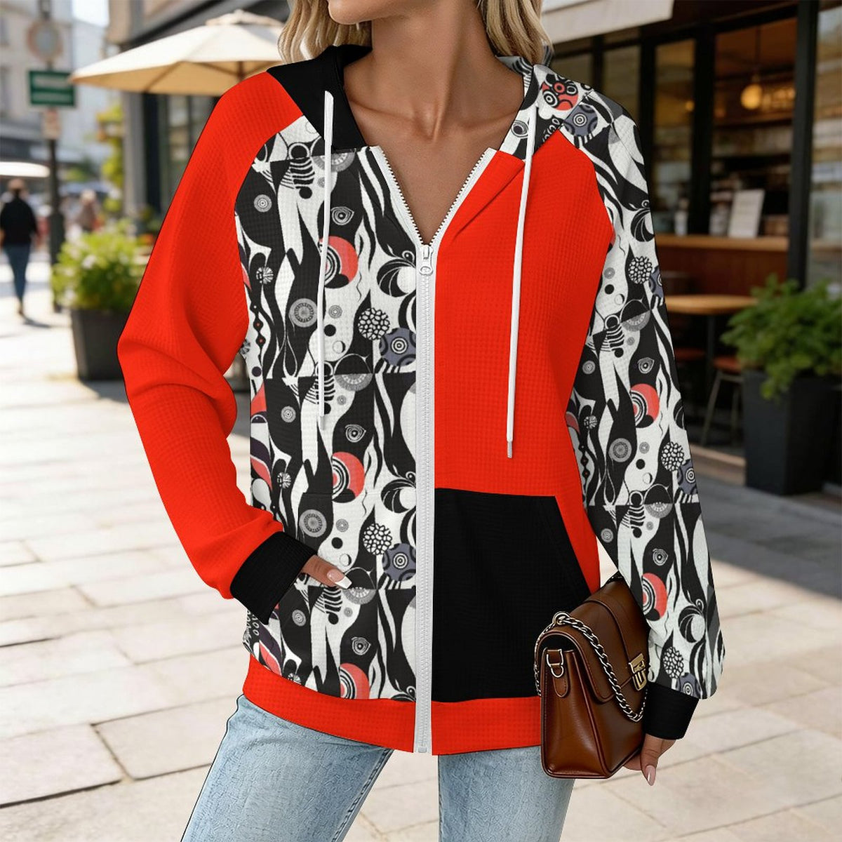 Fun Retro Colour Block | Waffle Hoodie with Zipper