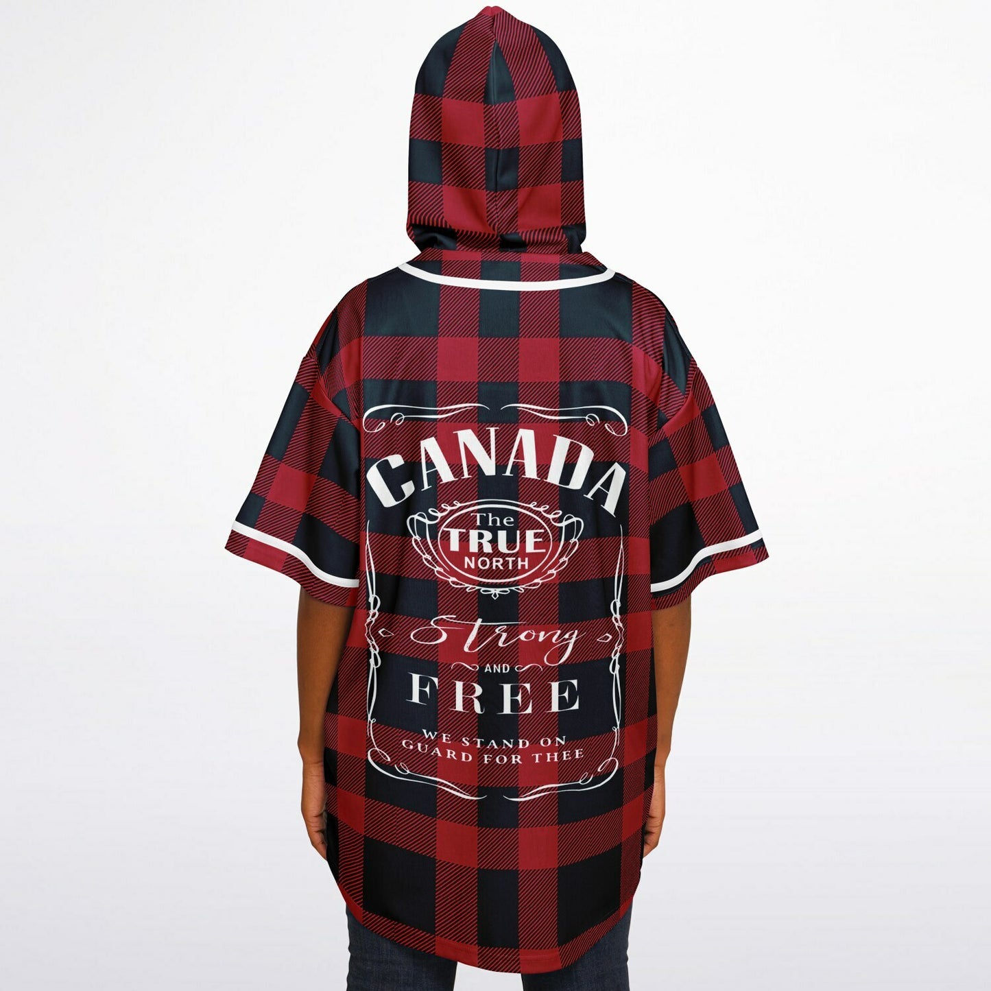 True North Strong and Free | Hooded Baseball Jersey - Red Plaid