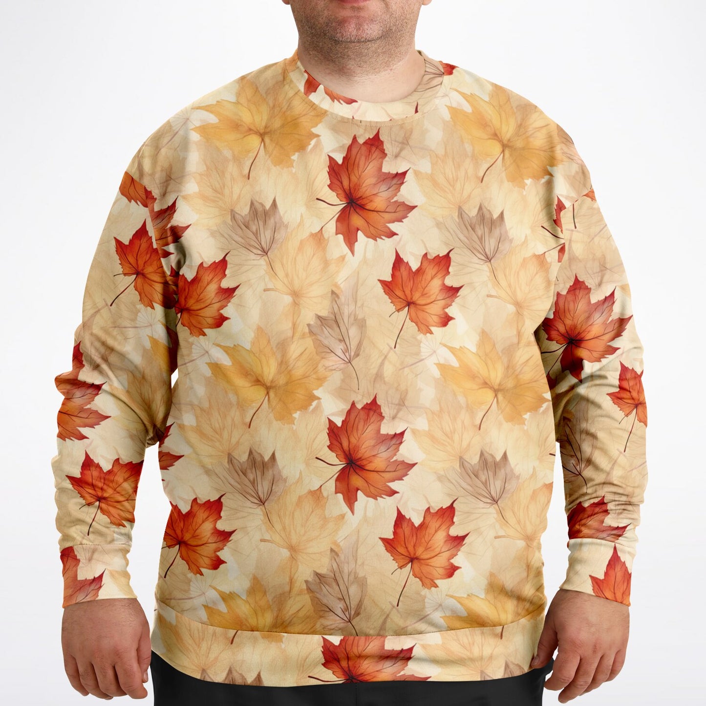 Sweatshirt with autumn leaf pattern worn by a person on a white background