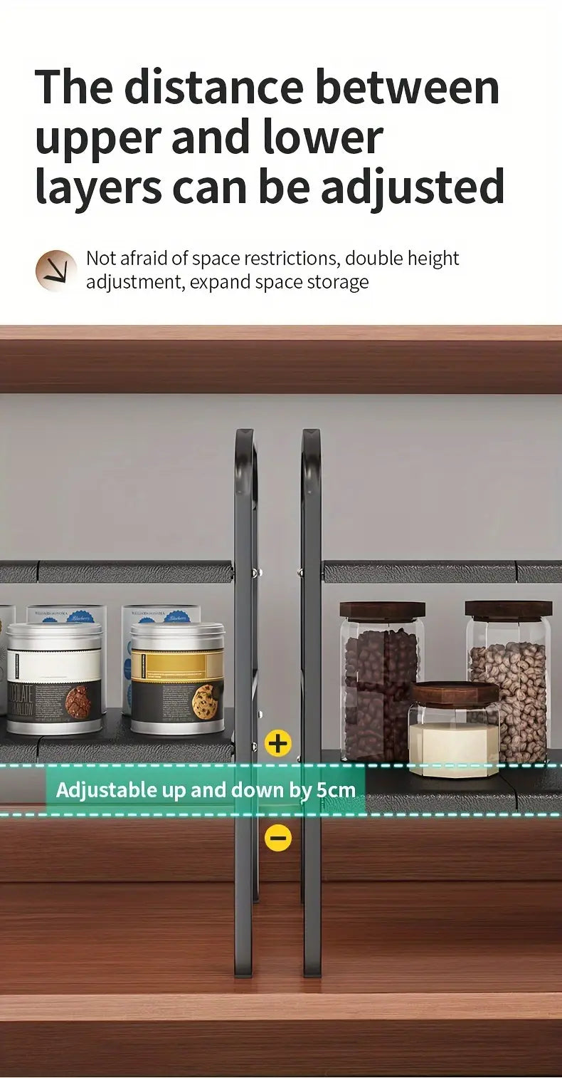 Adjustable kitchen storage shelf with labeled features on a white background