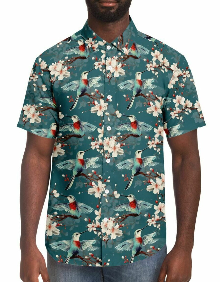 Wintertime Hummingbirds - Short Sleeve Button Down Shirt