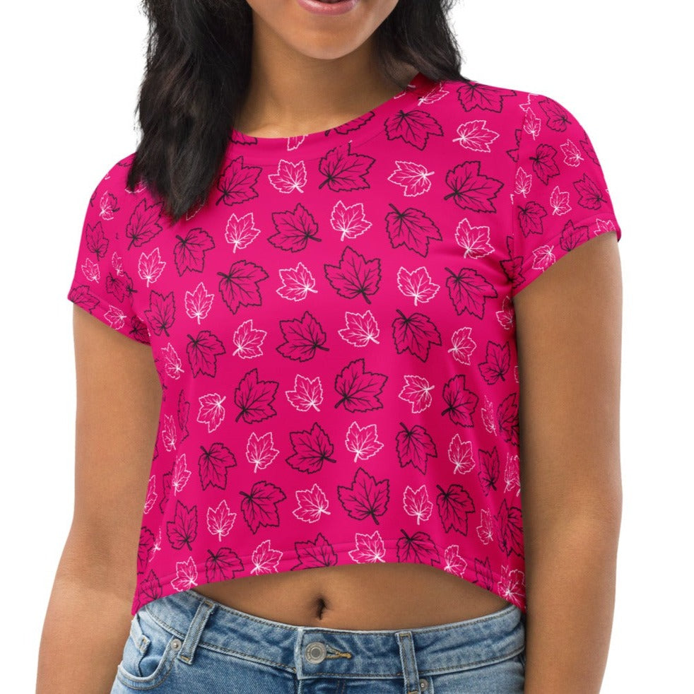 Hot Pink Maple Leaf Women's Crop Tee