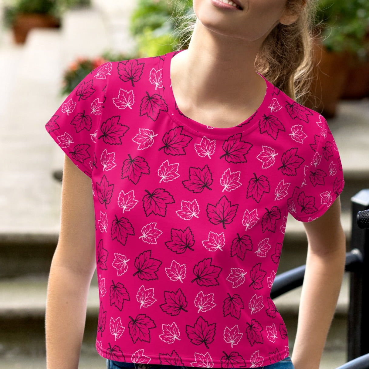 Hot Pink Maple Leaf Women's Crop Tee