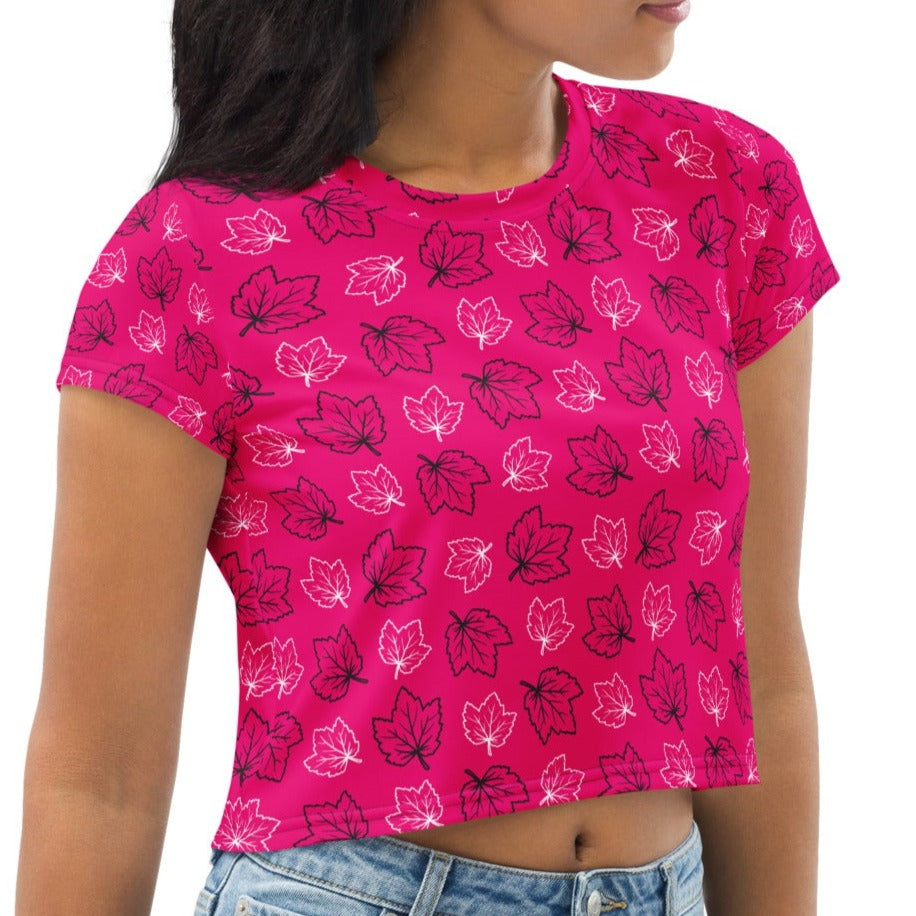 Hot Pink Maple Leaf Women's Crop Tee