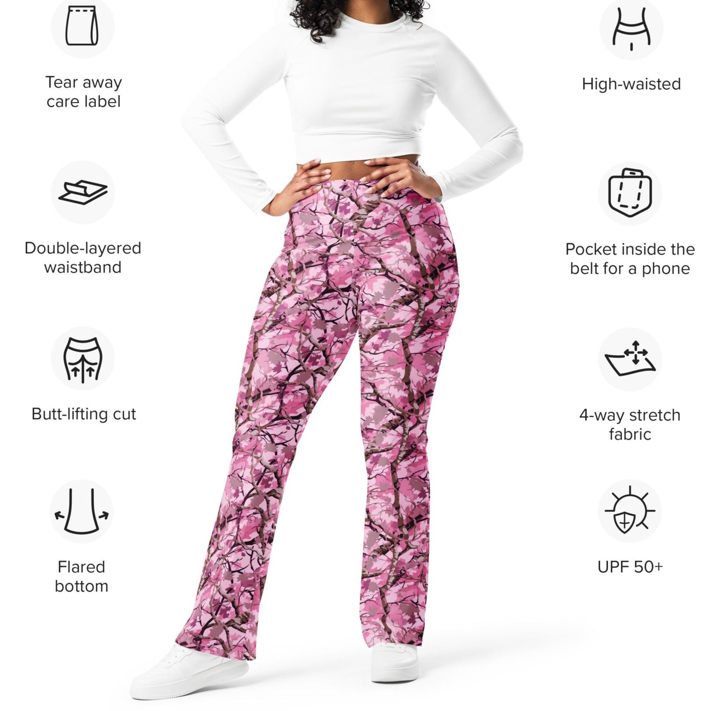 Camo Cherry Blossom | Women's Soft & Stretchy Flare Leggings - Plus Sizes Avail 2XS - 6XL