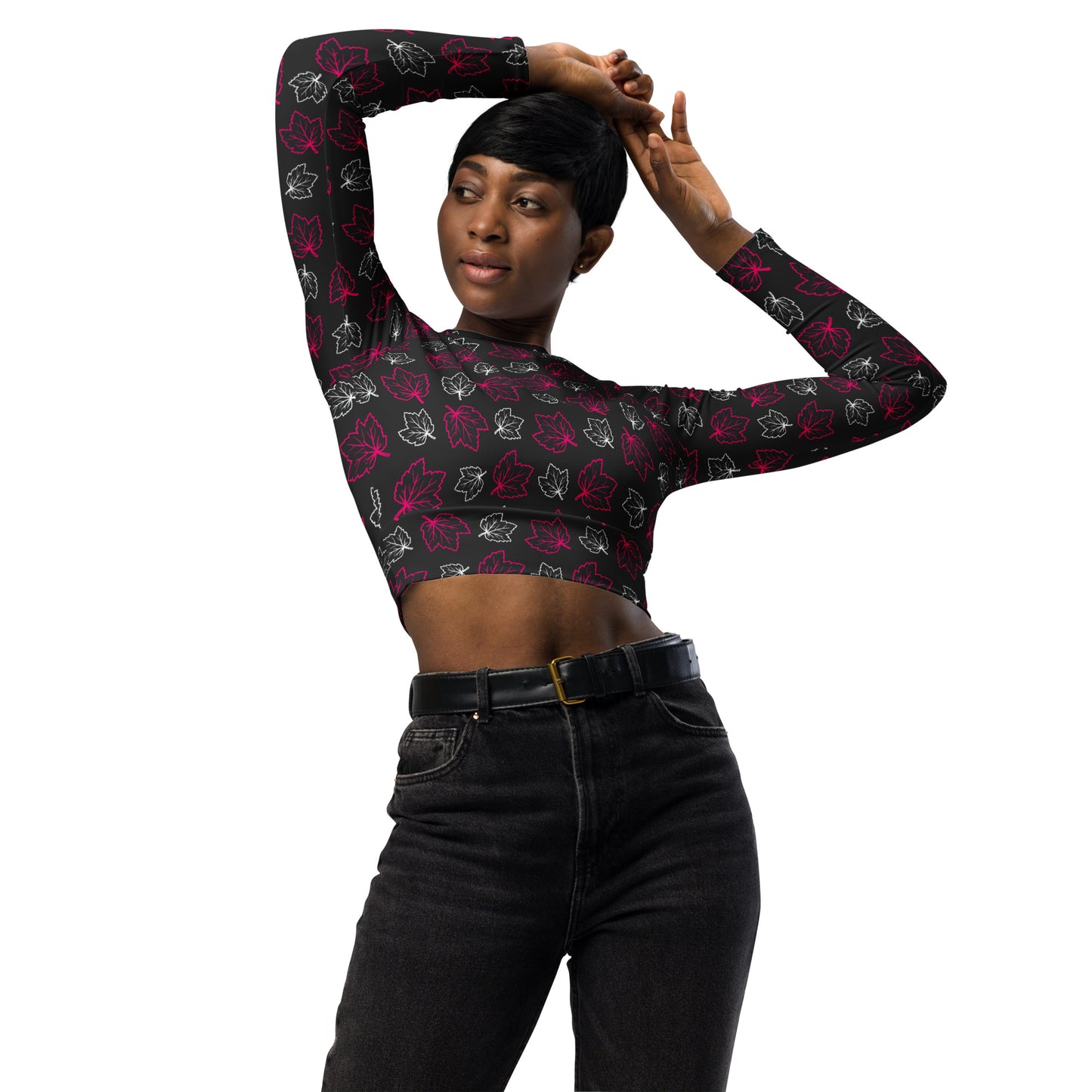 Black & Hot Pink Maple Leaf - Long-Sleeve Crop Top