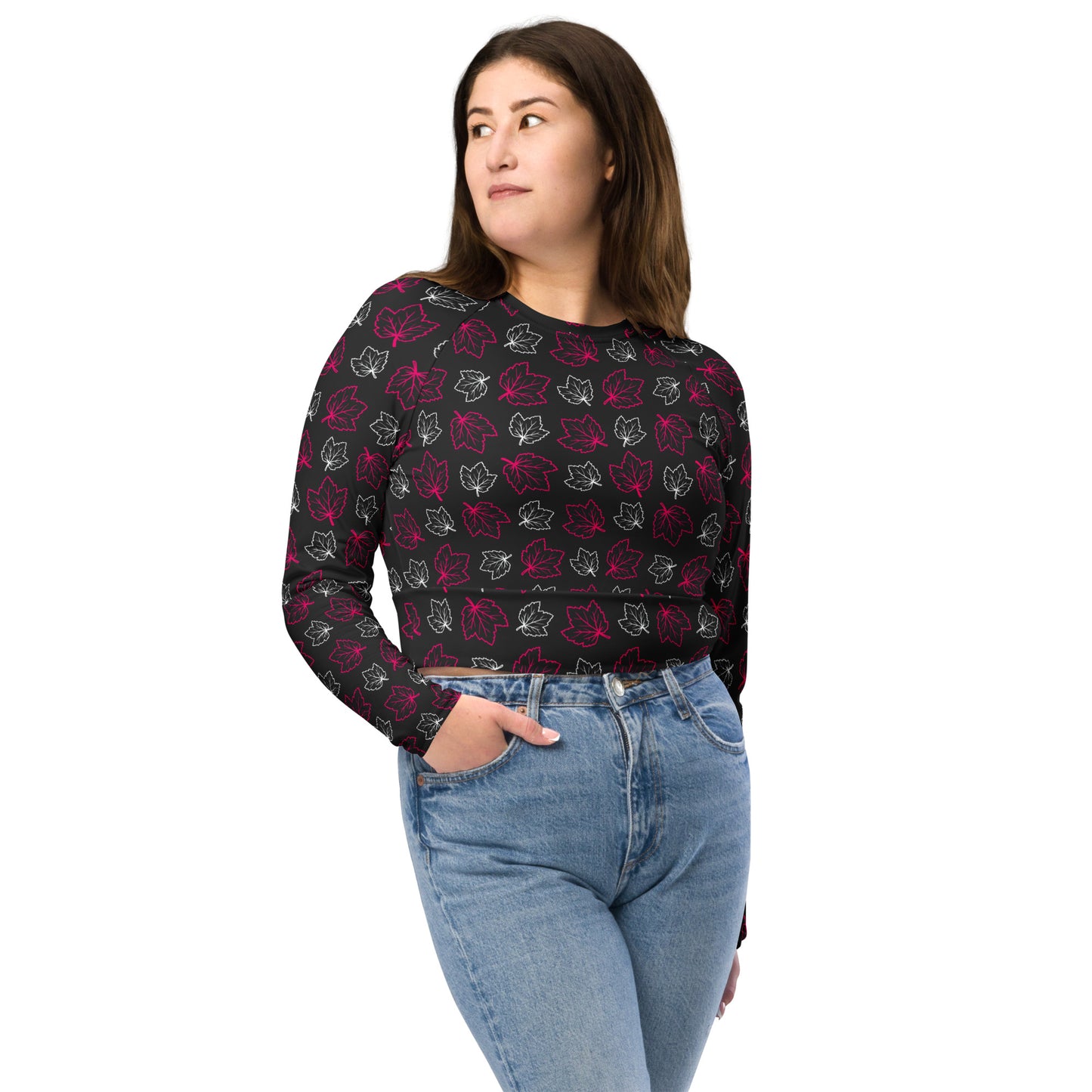 Black & Hot Pink Maple Leaf - Long-Sleeve Crop Top