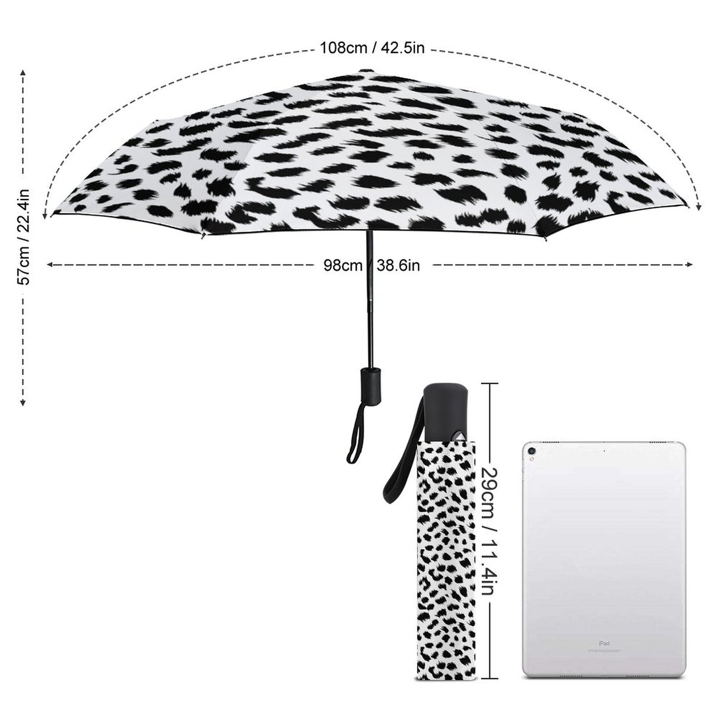 Leopard print umbrella with measurements on a white background