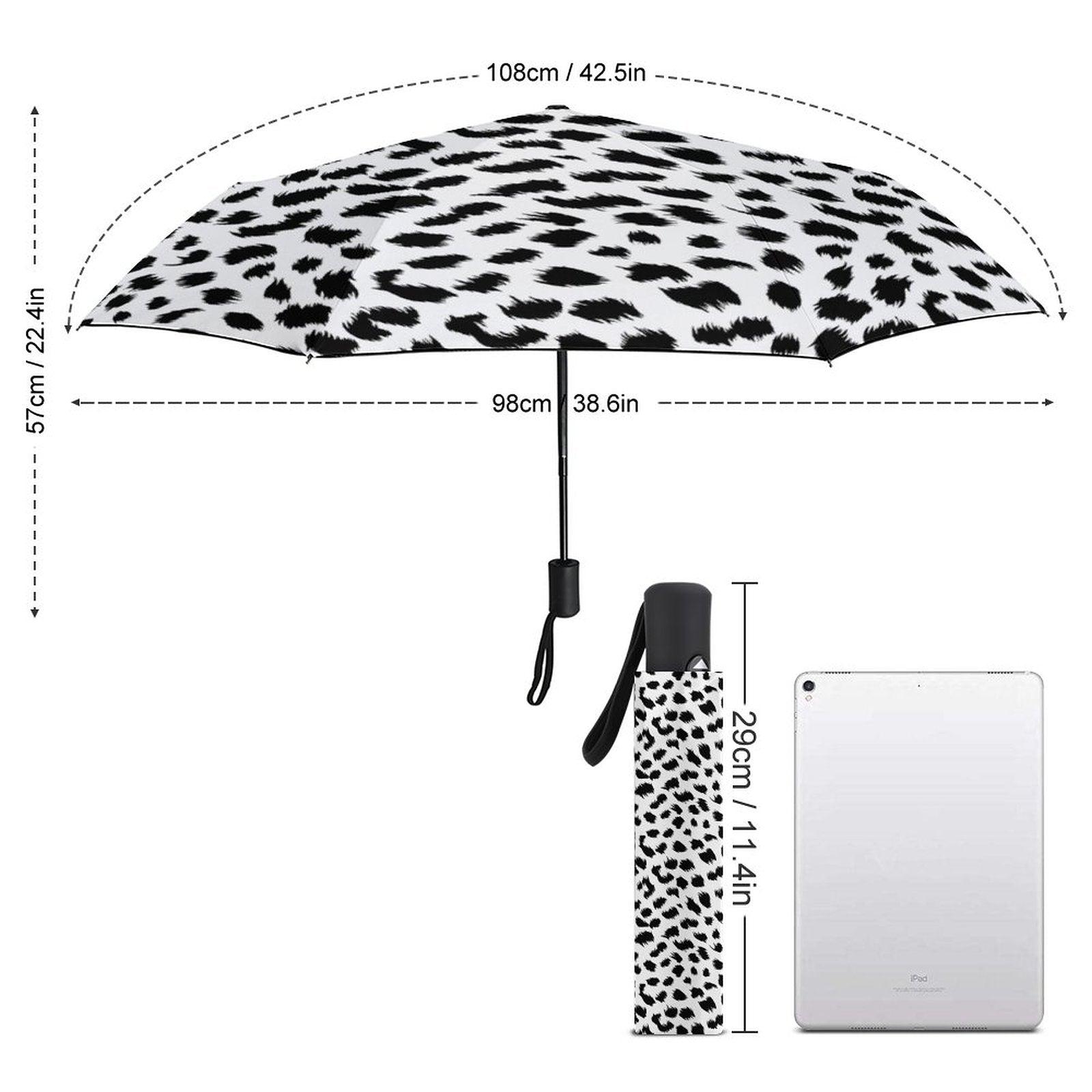 Leopard print umbrella with measurements on a white background