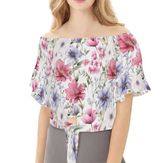 Watercolor Pink & Purple Flower Garden - Off-The-Shoulder Short Sleeve Tie Blouse