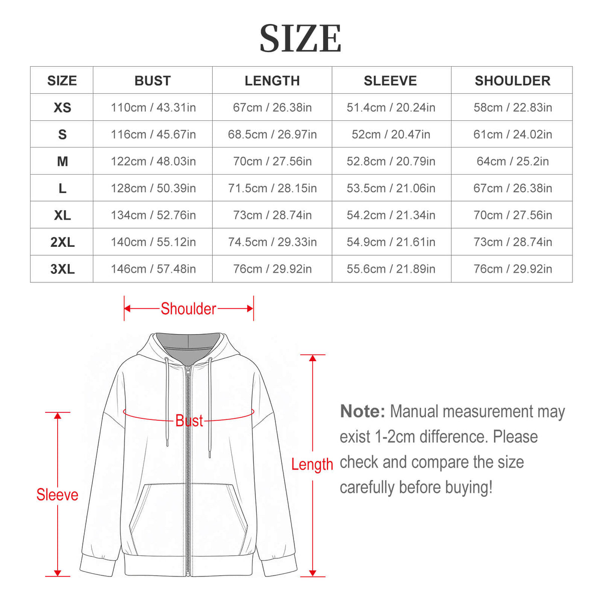 A size chart and measurement guide for a zip-up hoodie. The top half is a size table listingXS through 3XL with bust, length, sleeve, and shoulder measurements.