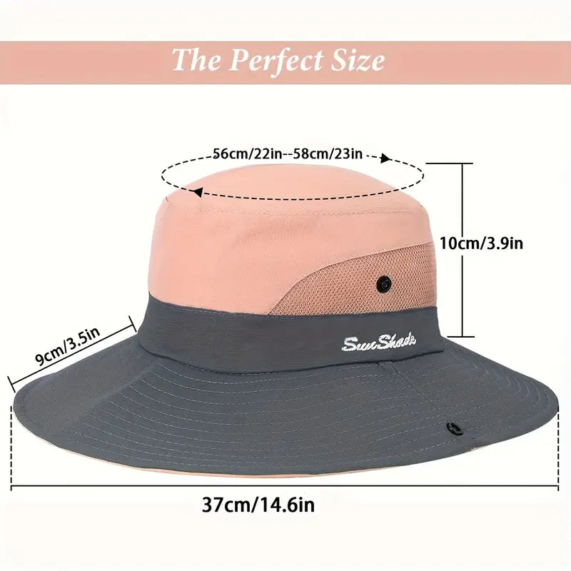 Measurement chart of a gray and pink bucket hat with dimensions labeled.