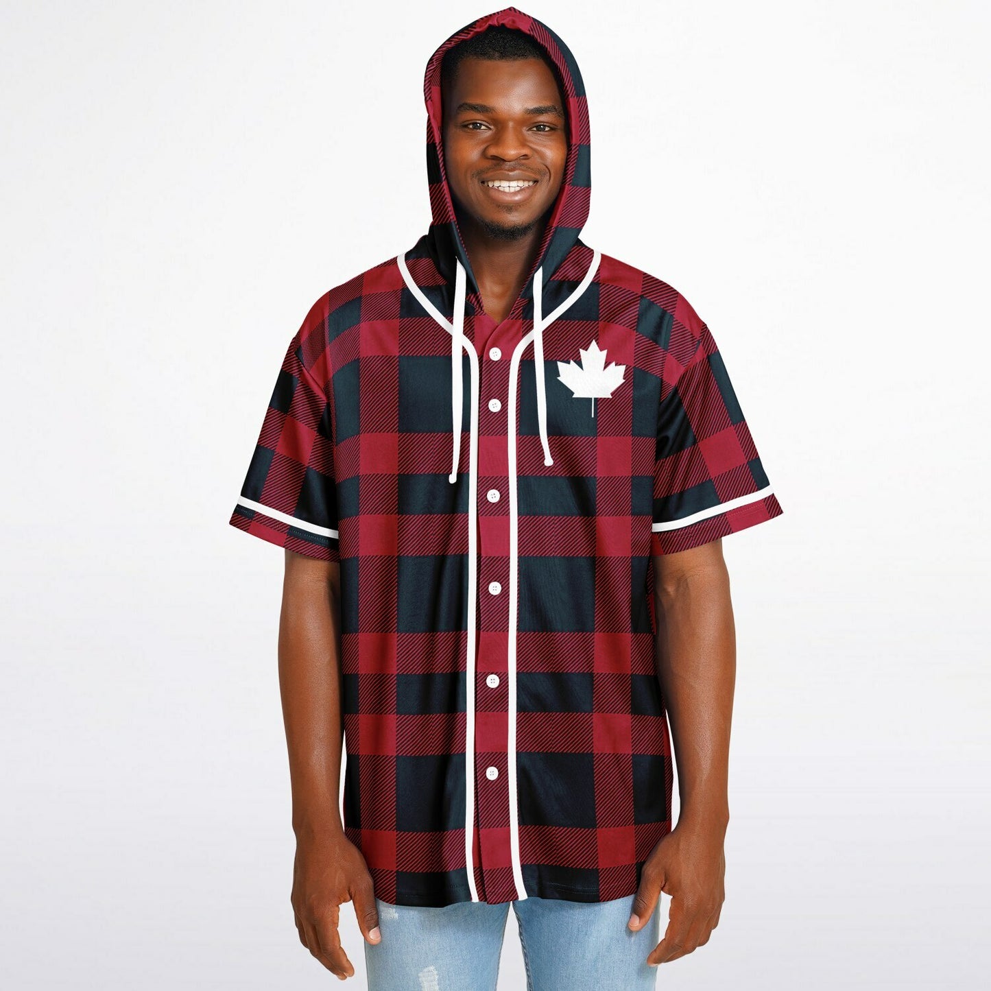 True North Strong and Free | Hooded Baseball Jersey - Red Plaid