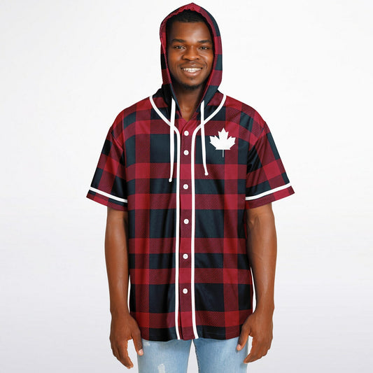 True North Strong and Free | Hooded Baseball Jersey - Red Plaid