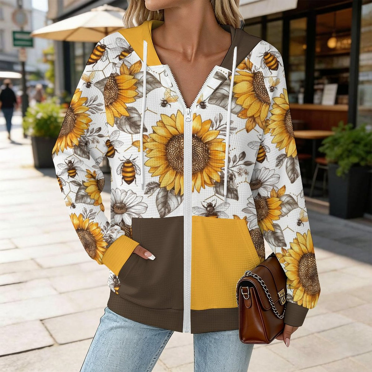 Brown & Yellow 220gsm Hoodie Zipper Sweater(All-Over Printing)