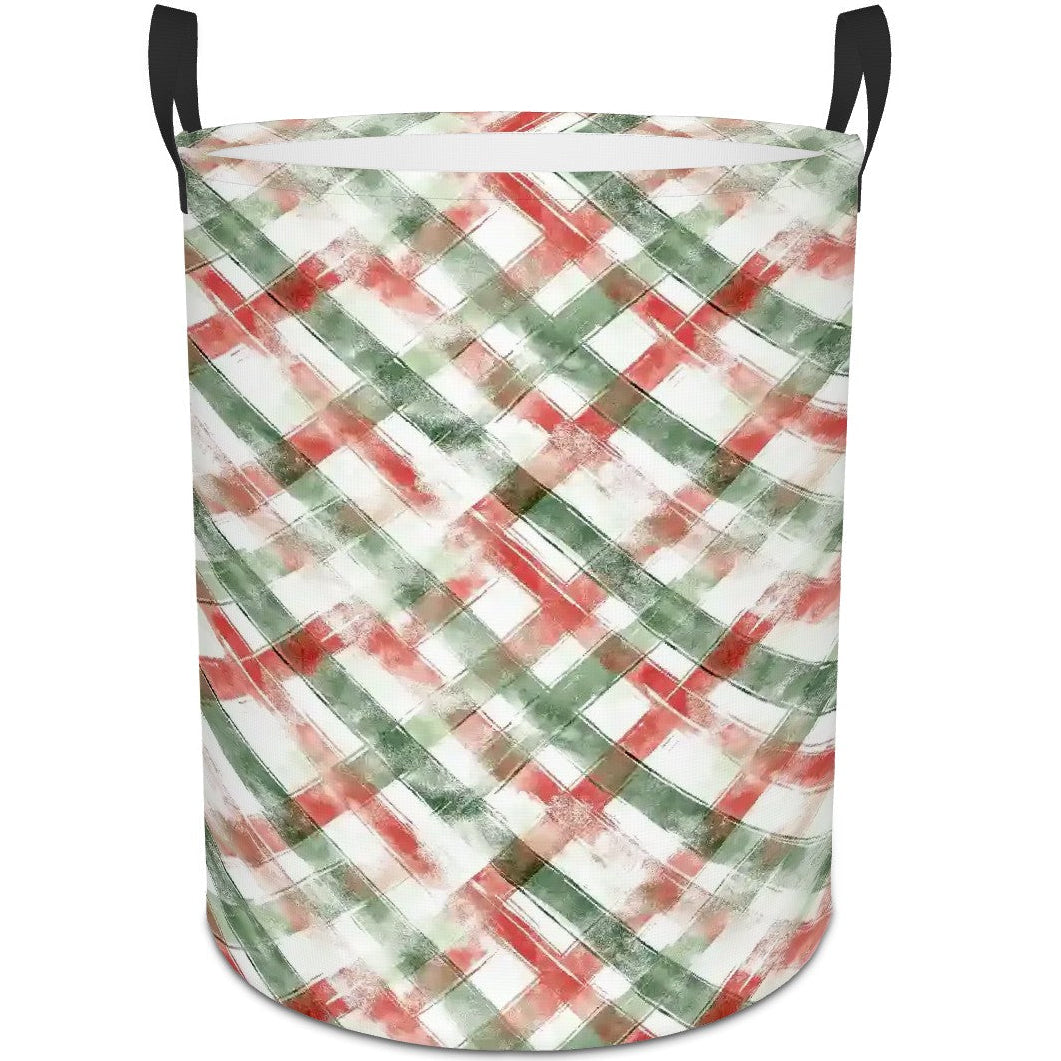 Laundry basket with a plaid pattern in red, green, and white on a white background