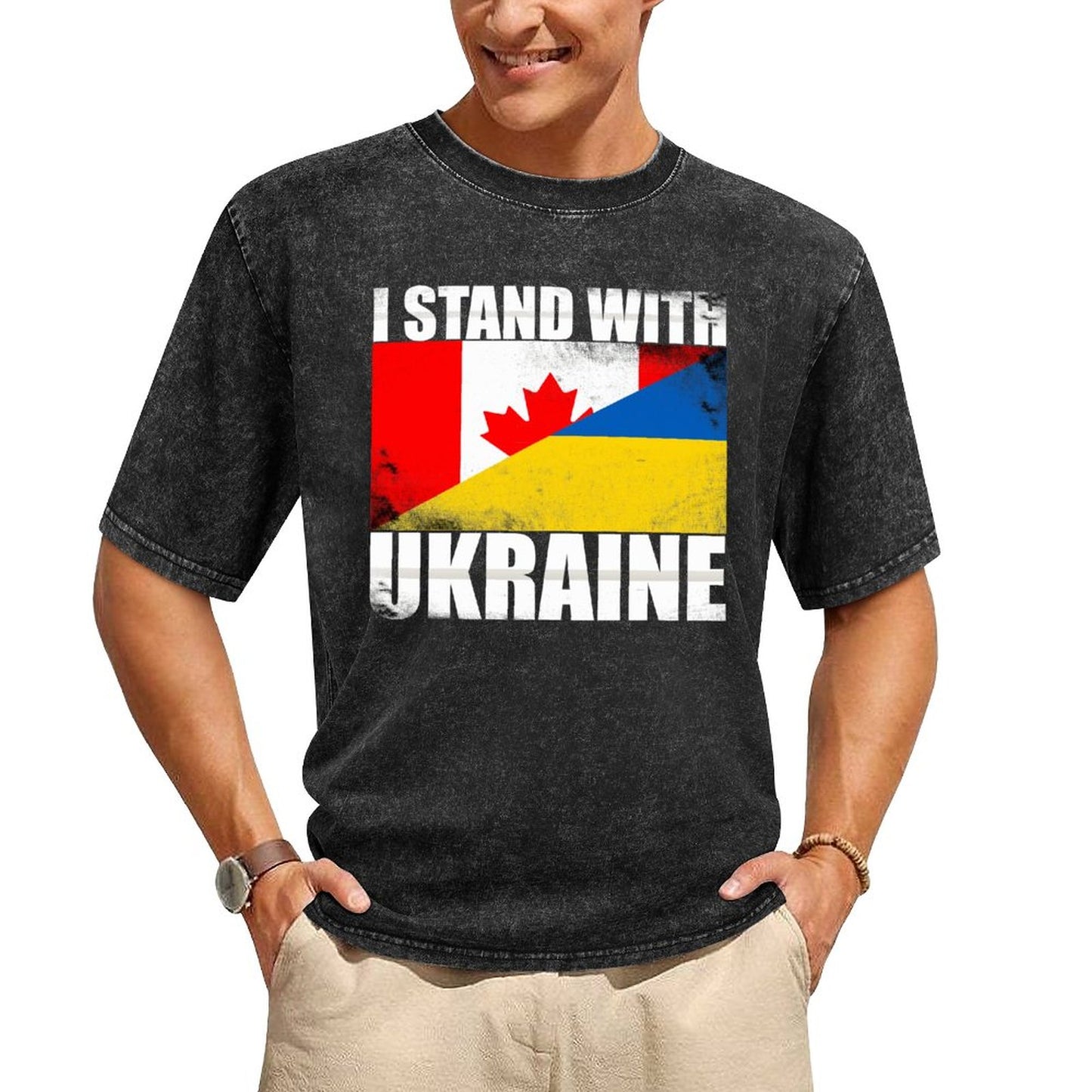 I Stand With Ukraine | Men's Stone Washed Vintage T-Shirt - Canada + Ukraine